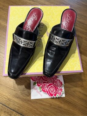 Brighton Black Leather Pointed Mule with Silver Filigree Strap